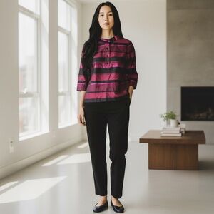 Talbots Petites 8P Pink & Black Striped Mandarin Collar Top